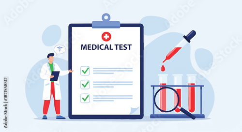 Medical Test Illustration with Doctor and Blood Samples Representing Health Checkup and Diagnostic Processes for Patient Care in Modern Healthcare