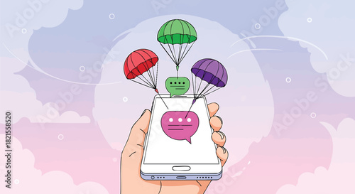 Mobile Messaging with Parachutes Delivering Notifications and Communications Illustration Depicting Communication Delivery and Realtime Updates on a Handheld Device Against a Colorful Sky Background
