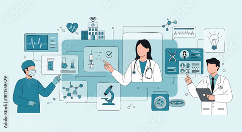 Modern healthcare concept illustration showcasing medical professionals and advanced technologies for treatment and diagnosis enhancing patient outcomes and overall well being through innovation