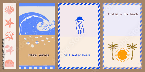 Beach themed illustrations with waves jellyfish palm trees and seaside elements
