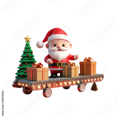 3D Christmas Elf Toy Factory Scene with Conveyor Belt, Gift Boxes, Cute Elf Characters, and Festive Machine Elements — Holiday Illustration for Seasonal Projects