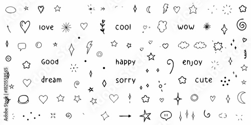 Hand drawn doodle elements vector set stars hearts words and more