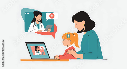 Mother and daughter in virtual consultation with doctor via laptop showcasing telehealth and telemedicine benefits offering convenient healthcare solutions