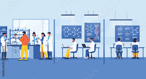 Modern Science Laboratory Illustration Featuring Researchers and Technicians Working on Scientific Projects and Data Analysis with Advanced Equipment for Medical and Technological Advancement