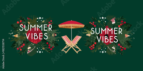 Summer vibes illustration with beach chairs umbrella and floral elements