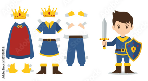 A fun paper doll activity set for a boy prince with a sword shield crown cape and interchangeable royal outfits.