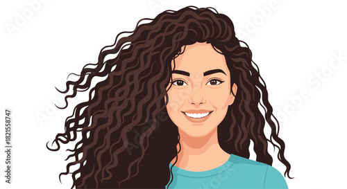 Happy smiling woman with long beautiful curly brown hair in a vector portrait showing a cheerful and friendly expression.