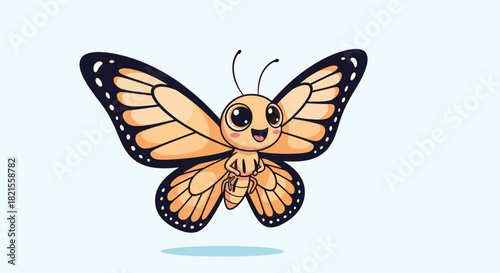 An adorable and happy cartoon monarch butterfly with big eyes shown flying against a soft light blue background illustration.