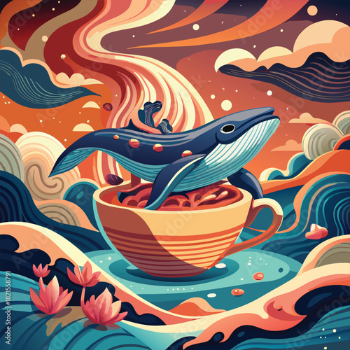 Whale in a teacup amidst waves and flowers, colorful illustration.