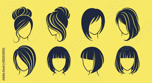 Set of eight different female hairstyle silhouettes including long hair short hair buns and bobs on a yellow background.