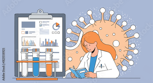 Scientist Analyzing Medical Data and Researching Virus with Test Tubes and Graphs in Lab Coat Writing Notes in Notebook for Health Study and Scientific Discovery