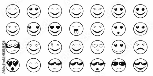 Set of different emoticons emoji collection black and white vector illustration