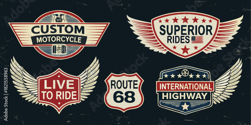 Vintage motorcycle and highway badges with wings and patriotic elements