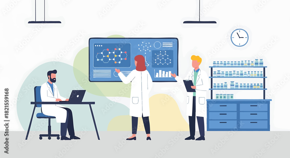 Fototapeta premium Team of Scientists Analyzing Data in a Modern Laboratory with Molecule Display and Scientific Equipment for Research and Development in Pharmaceutical Industry