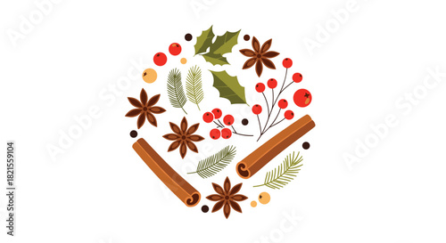 A circular arrangement of festive Christmas spices and plants including cinnamon sticks star anise holly and berries on white.