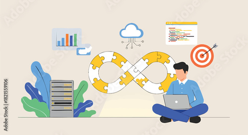 Software developer working on laptop with DevOps infinity loop puzzle connection aiming for project goals and data analysis with cloud integration for agile team collaboration and continuous delivery