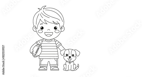 A simple and cute coloring page featuring a smiling boy in a striped shirt holding a football next to his puppy.