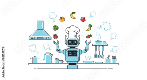 A cheerful robot chef is in a modern kitchen juggling fresh ingredients with various cooking utensils and equipment around.