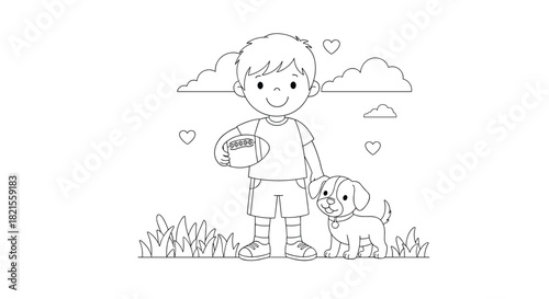 Coloring page of a happy little boy holding a football standing next to his cute puppy in a grassy field.