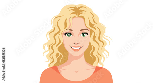 Vector portrait of a beautiful smiling young woman with curly blonde hair and green eyes on a white background.