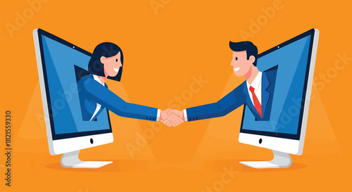 Virtual Handshake Illustration Depicting Business Agreement and Online Collaboration Between Two Professionals Across Digital Platforms Using Technology for Global Partnership and Success