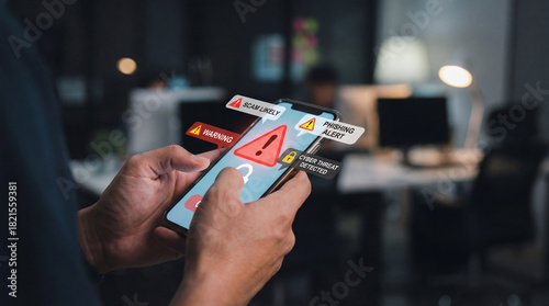 Cyber Security Alert On Smartphone, Scam Warning, Phishing Detected, Risk Notification, Mobile Digital Threat Protection