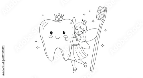 A magical coloring page featuring a cute tooth fairy hugging a happy tooth next to a large toothbrush under sparkling stars.