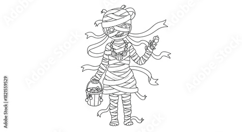 A fun Halloween coloring page of a child dressed in a cute mummy costume holding a bucket of candy and a rose.