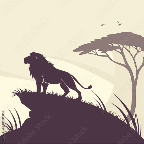 Silhouette of a lion standing on a hill with birds and a tree in the background on a light background | svg | ai generated