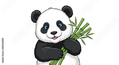 Adorable cartoon baby panda with big blue eyes smiling happily while holding a bundle of fresh green bamboo shoots isolated.