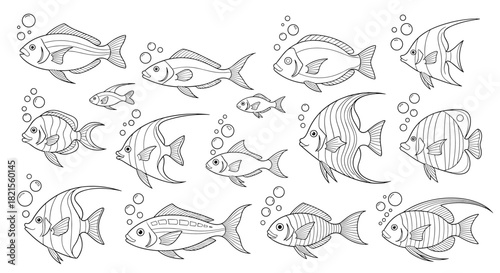 Collection of various sea and river fish outlines with bubbles presented as a coloring book page for children's activities.