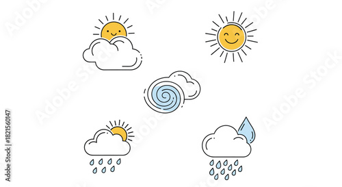 Cute set of five cartoon weather forecast icons including a smiling sun peeking from a cloud rain wind and sunny weather.