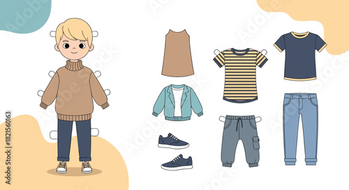 Paper doll game set featuring a cute boy with blonde hair and a variety of stylish outfits and shoes for dressing up fun.