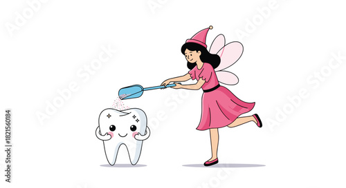 Adorable tooth fairy in a pink dress with wings sprinkling sparkling dust on a cute and happy cartoon tooth character.