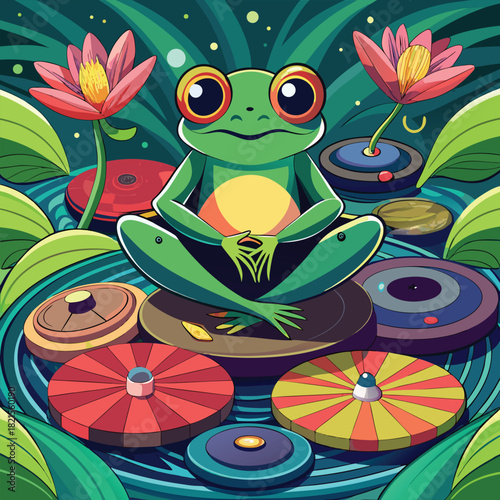 Cartoon frog meditating on lily pads, surrounded by water and