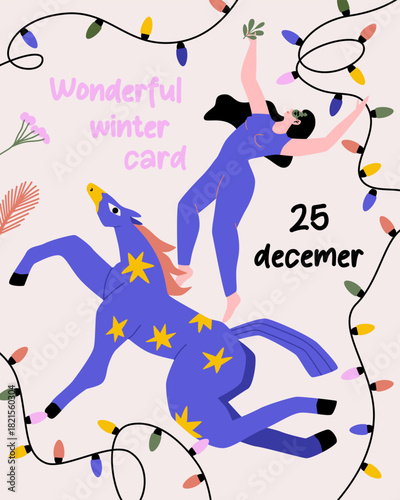 Christmas card with a girl on a horse. Concept illustration of a circus for the New Year with the symbol of 2026. Modern vector illustration in cartoon style.