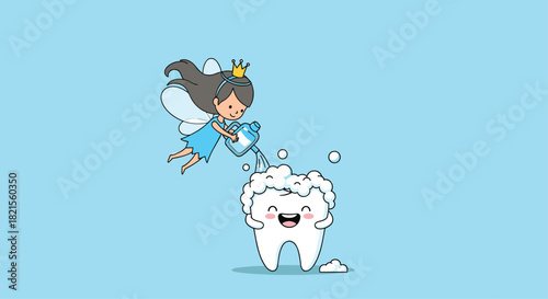 Cute cartoon tooth fairy with a crown and wings washing a happy tooth character with water against a solid blue background.