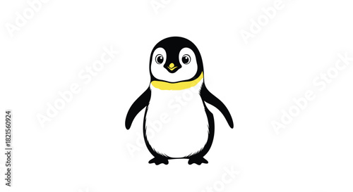 Simple and adorable cartoon baby emperor penguin with a yellow marking on its neck standing and looking forward on white.
