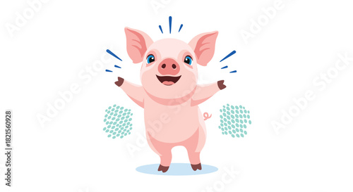 Joyful and energetic cartoon piglet standing with arms outstretched and a big happy smile celebrating on a white background.