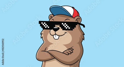 Cool cartoon groundhog character wearing a baseball cap and pixelated sunglasses with its arms crossed smugly on a blue background.