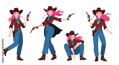 Set of four illustrations showing a cool cowgirl with pink hair in various poses with guns against a white background.