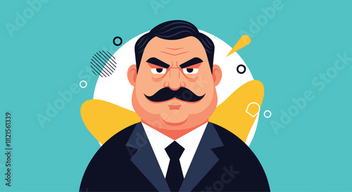 Portrait of a serious man with a large mustache and angry expression in a suit against a colorful abstract background.