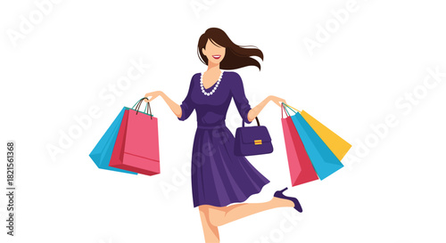 Happy and stylish woman in a purple dress and heels joyfully carrying multiple colorful shopping bags after a good sale.