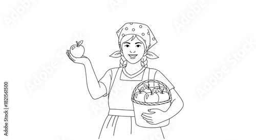 Line art coloring page of a friendly female farmer in an apron and headscarf holding a basket of apples and one apple.