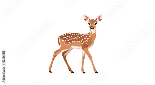 Adorable young fawn with white spots on its back standing and looking curiously forward on a simple white background.