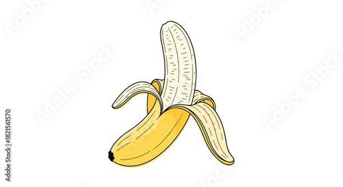 Simple illustration of a single ripe yellow banana partially peeled to show the fruit inside drawn in a clean line art style.