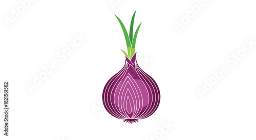 Stylized illustration of a sliced red onion with green shoots growing from the top isolated on a clean white background.