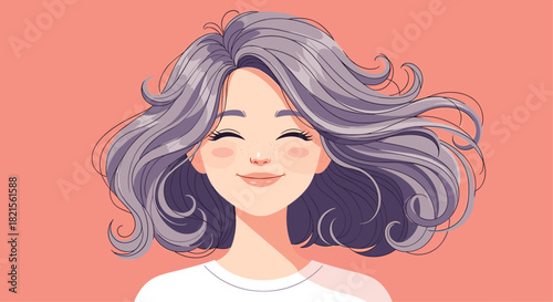 Beautiful young woman with voluminous purple-gray hair and a happy closed-eye smile against a solid pink background.