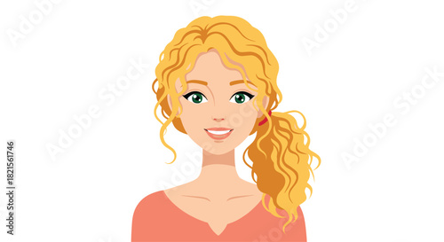 Beautiful smiling young woman with long curly blonde hair tied in a ponytail looking friendly on a white background.
