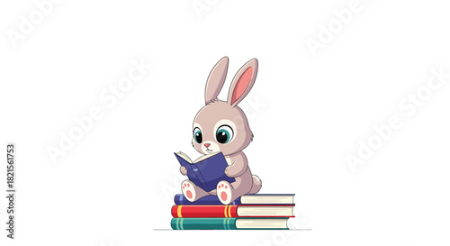 Adorable cartoon bunny sitting on a stack of colorful books and intently reading a story on a clean white background.